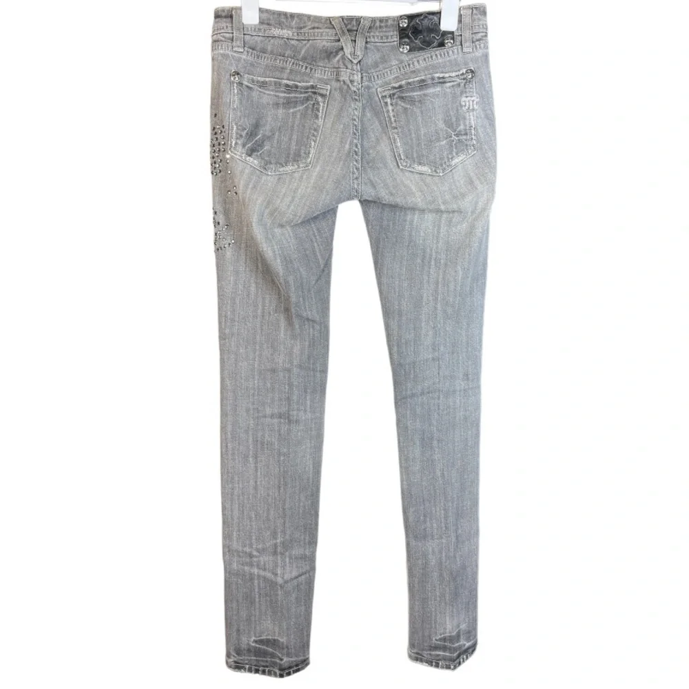 Miss Me‎ Skull Rhinestone Denim Jeans Grey Gray Halloween Rocker 27 Bling